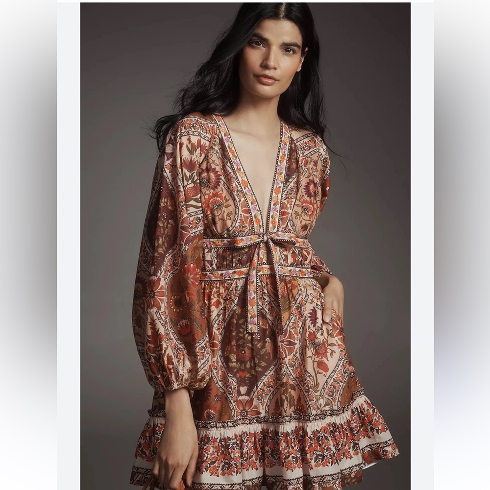 New Farm Rio Boho Floral Print Deep V-Neck Dress in Brown Multi